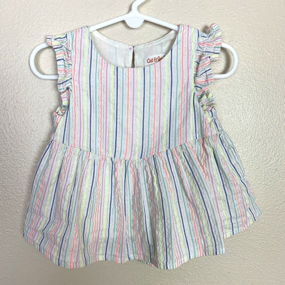 Cat & Jack Neon Stripe Seersucker Ruffle Sleeveless Top White Girls 18 Months